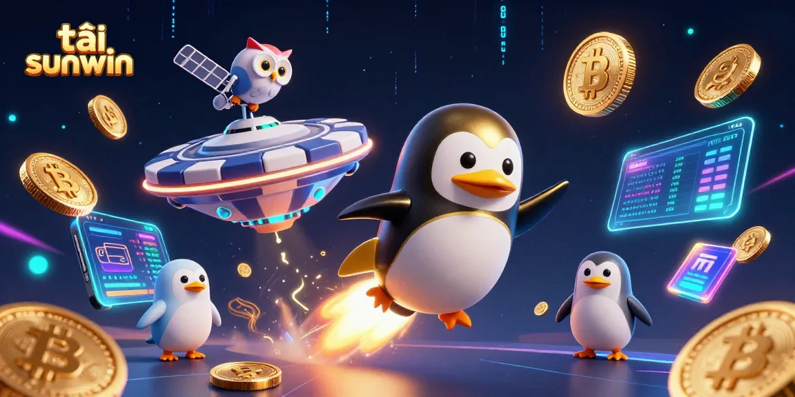 Play to tải sunwin with a vibrant 3D casino scene featuring a dynamic penguin and glowing coins.