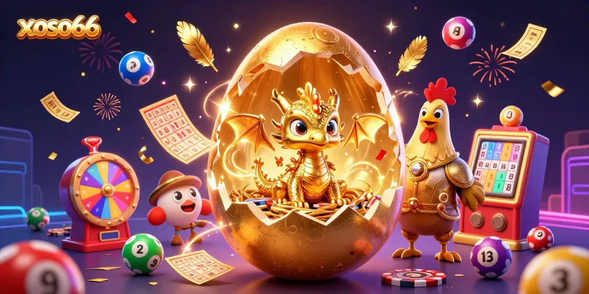 Experience xoso66's vibrant gambling scene with a golden baby dragon amidst colorful lottery elements.