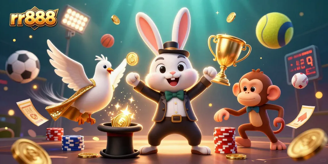 Experience thrilling gaming with rr888 as a magician rabbit pulls golden coins amidst vibrant casino elements.