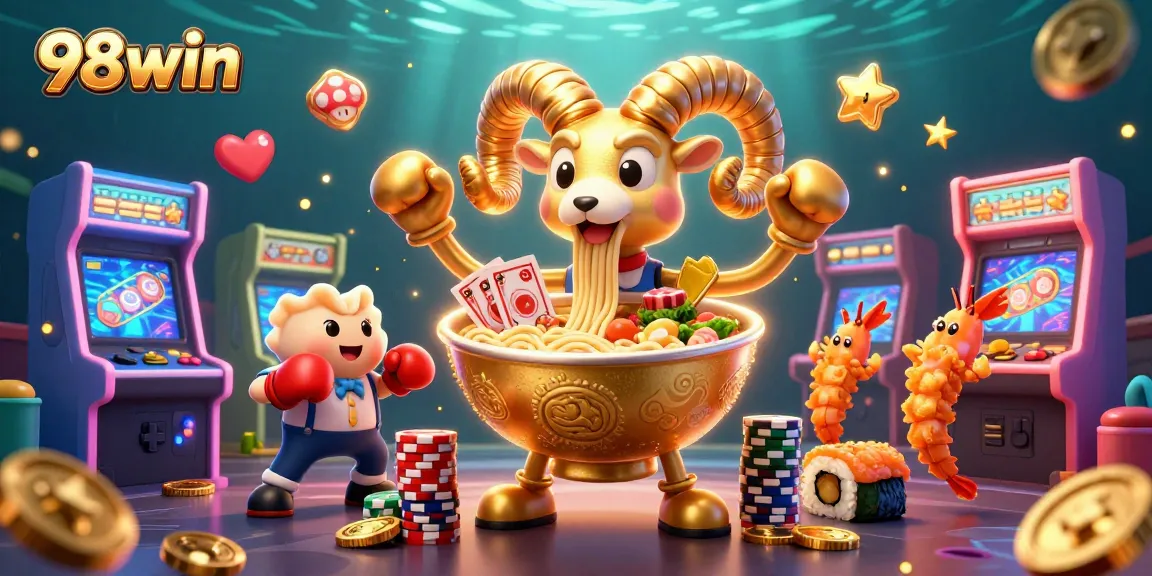 Join the excitement of 98win with a dynamic illustration of casino-themed characters and vibrant gaming elements.