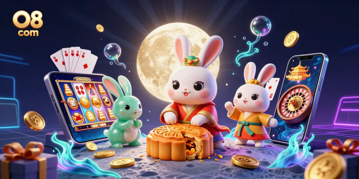 Join the fun at O8 com with a dynamic casino scene featuring legendary moon rabbits and exciting gaming elements.