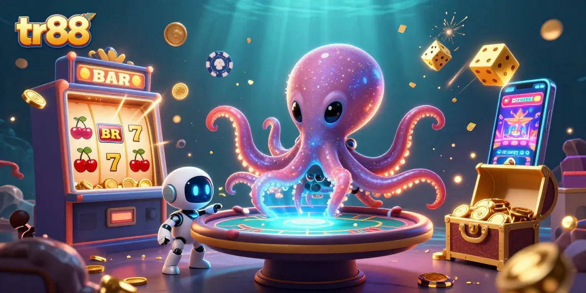Join the excitement at tr88 with a vibrant alien octopus and jackpot explosion in 3D casino illustration.