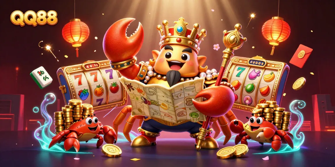 Experience the excitement of QQ88 with a royal golden crab emperor and vibrant casino elements.