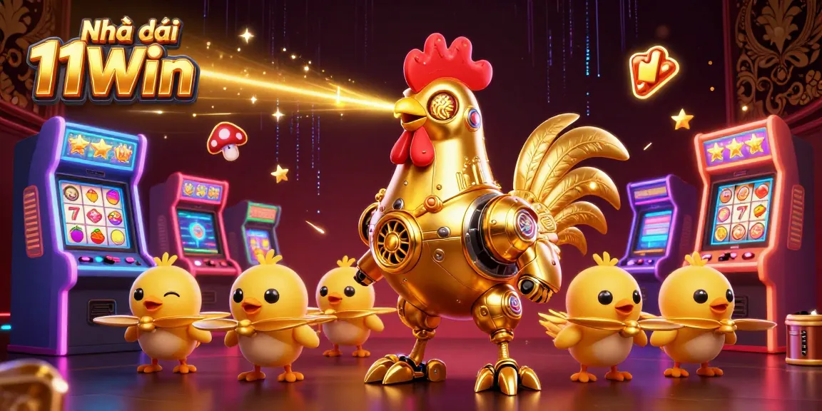 Play slots with Nhà cái 11Win featuring a golden rooster robot and vibrant 3D arcade elements.
