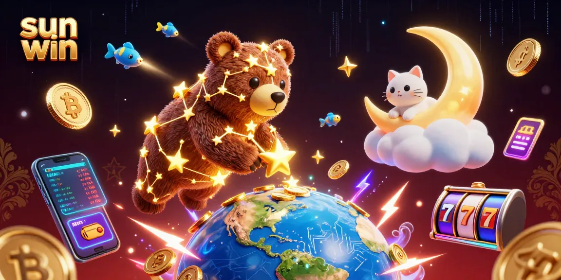 Experience the excitement of sun win in this vibrant 3D illustration depicting a gambling scene with stars and coins.