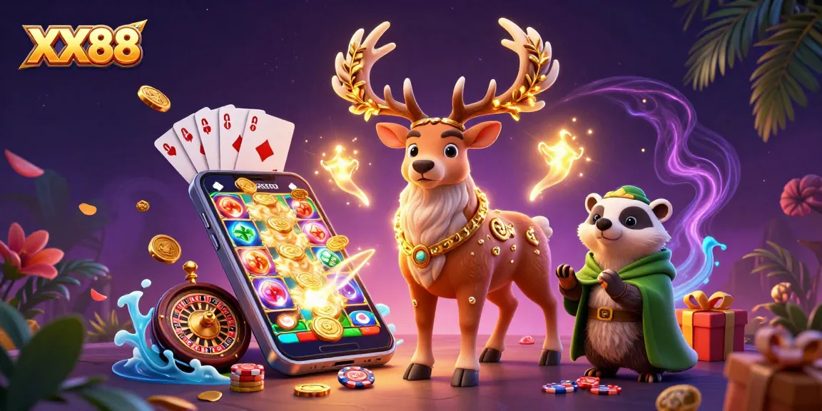 Experience the thrill of XX88 with a magical casino scene featuring a Celtic druid stag and slot game action.